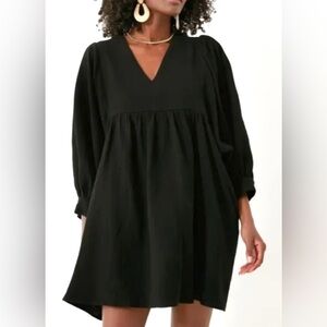 Pomander Place Black Gauze Millie Dress ✨ Soft Girl 🤍 Babydoll Minimalist Chic S